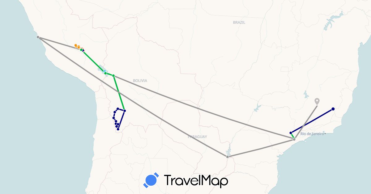 TravelMap itinerary: driving, bus, plane, train, hiking, boat, hitchhiking in Bolivia, Brazil, Peru (South America)